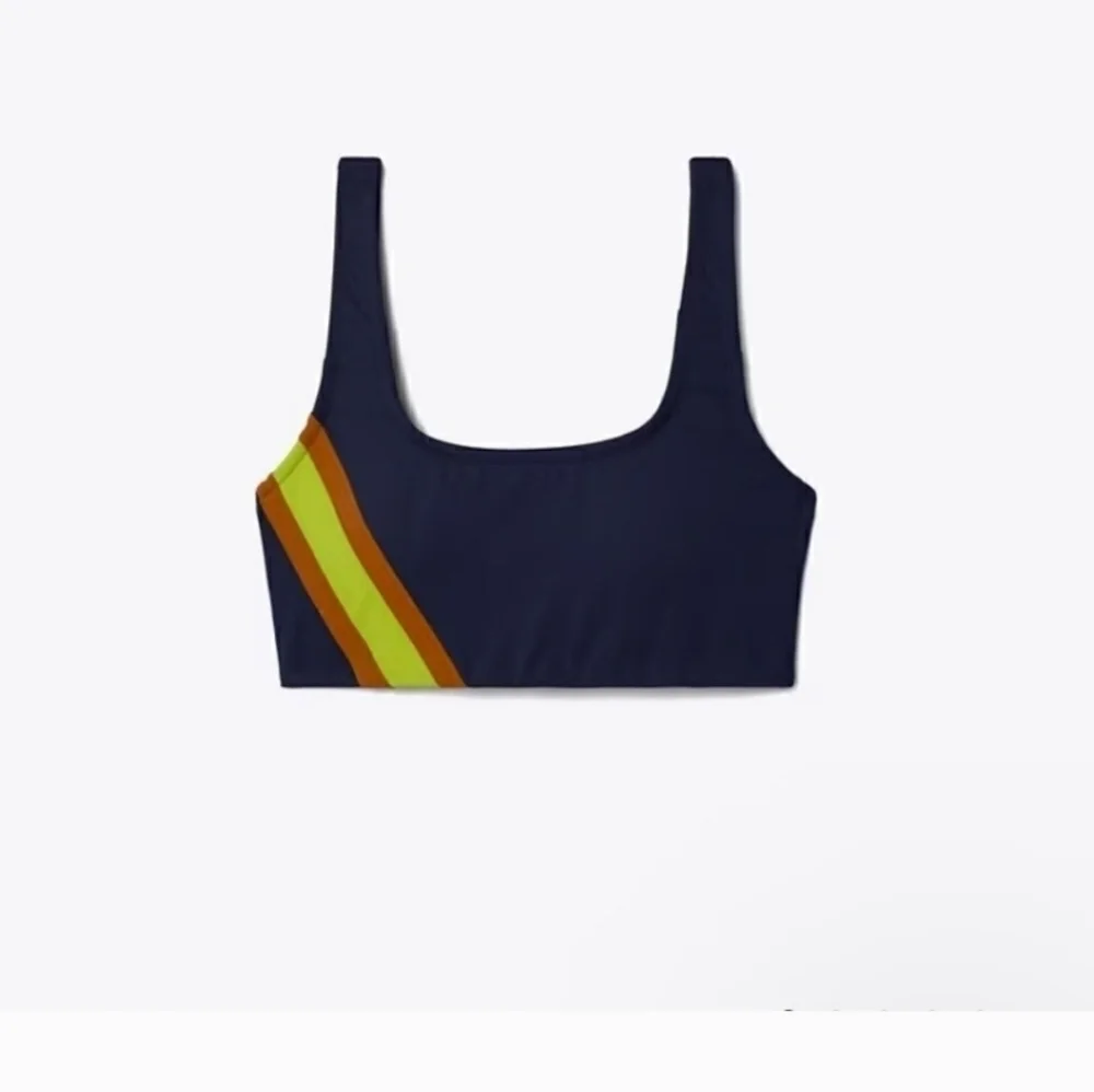 Tory Burch navy green brown retro striped compression athletic bra